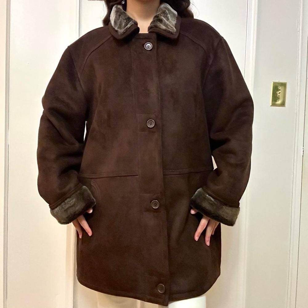 Utex Faux Suede Coat Brown With Faux Fur Trim & Lining Men’s Size Medium